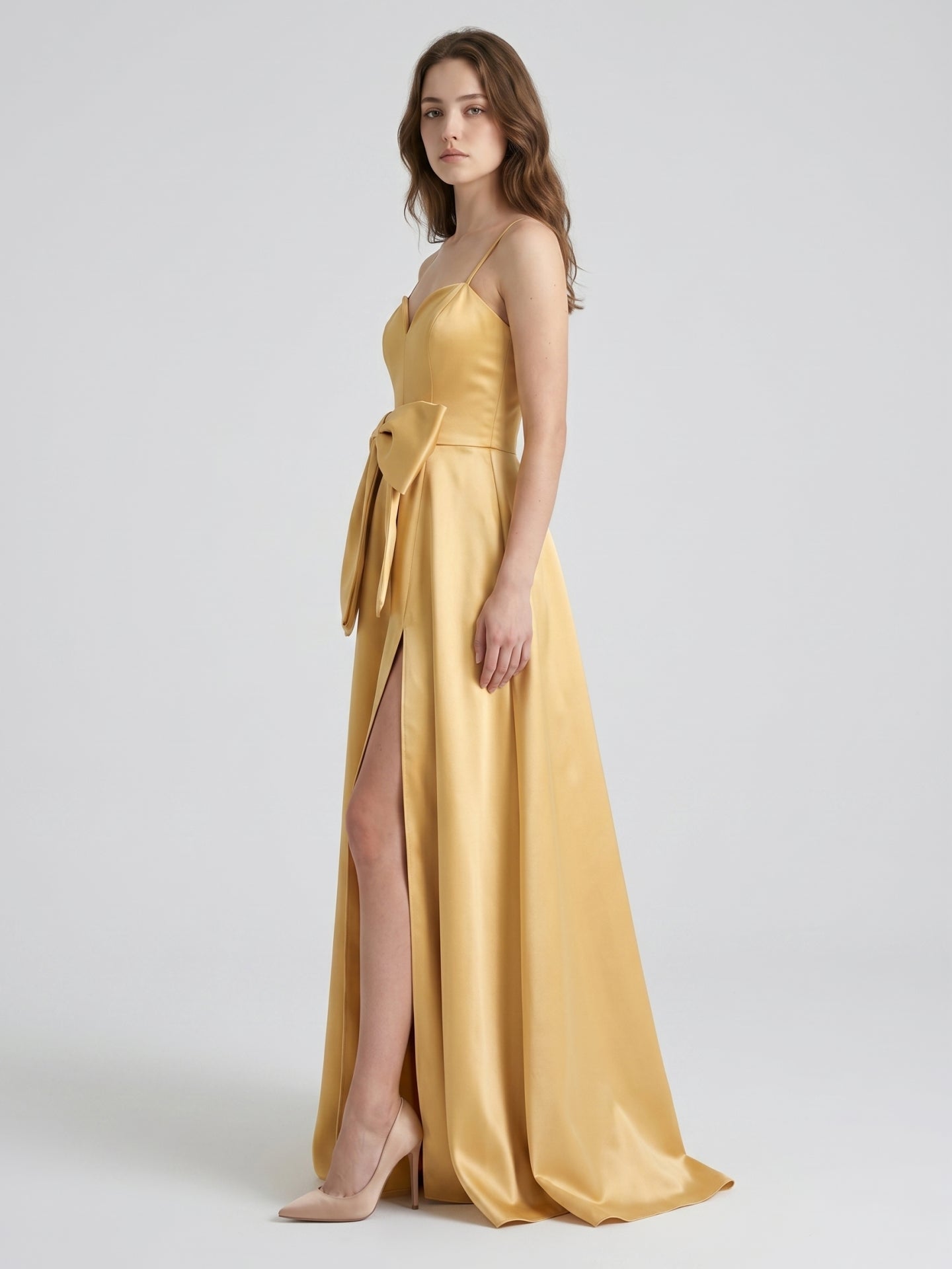 Gold Satin A-Line Square Neck Floor-Length Bridesmaid Dress with Bow