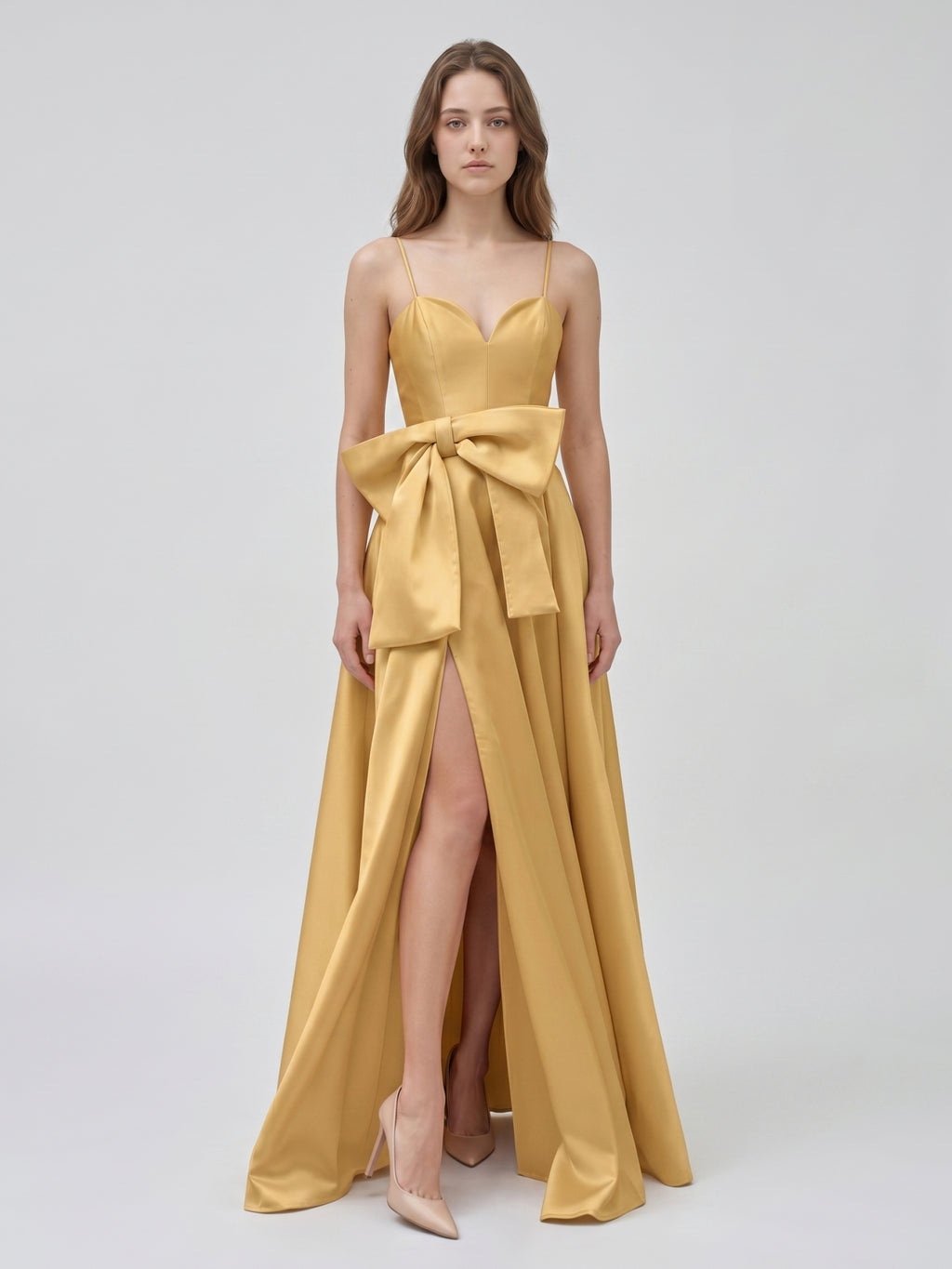 Gold Satin A-Line Square Neck Floor-Length Bridesmaid Dress with Bow