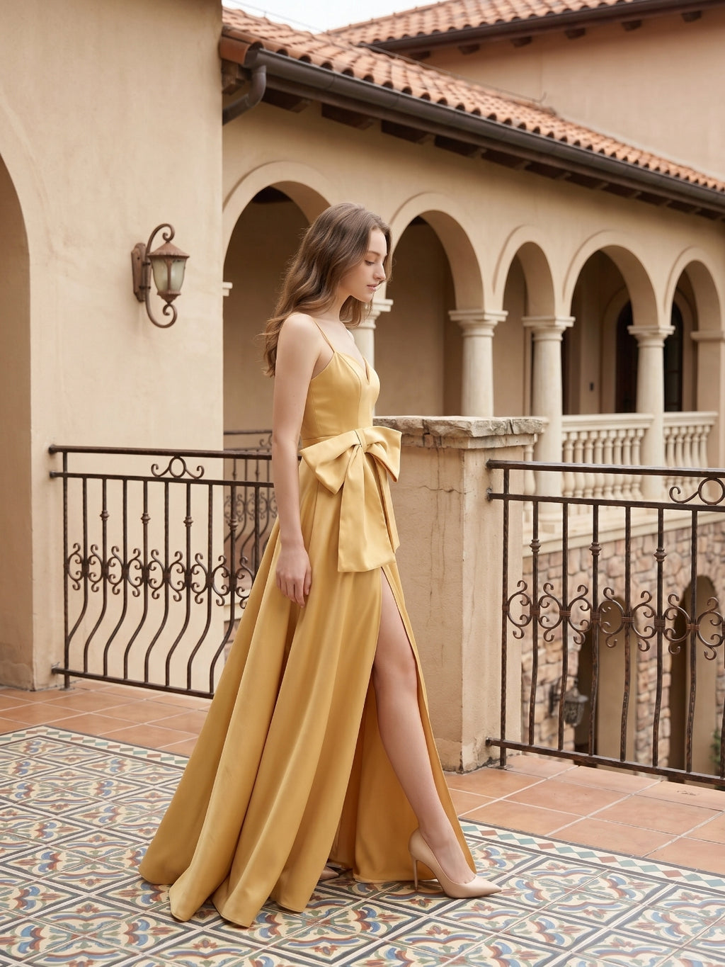 Gold Satin A-Line Square Neck Floor-Length Bridesmaid Dress with Bow
