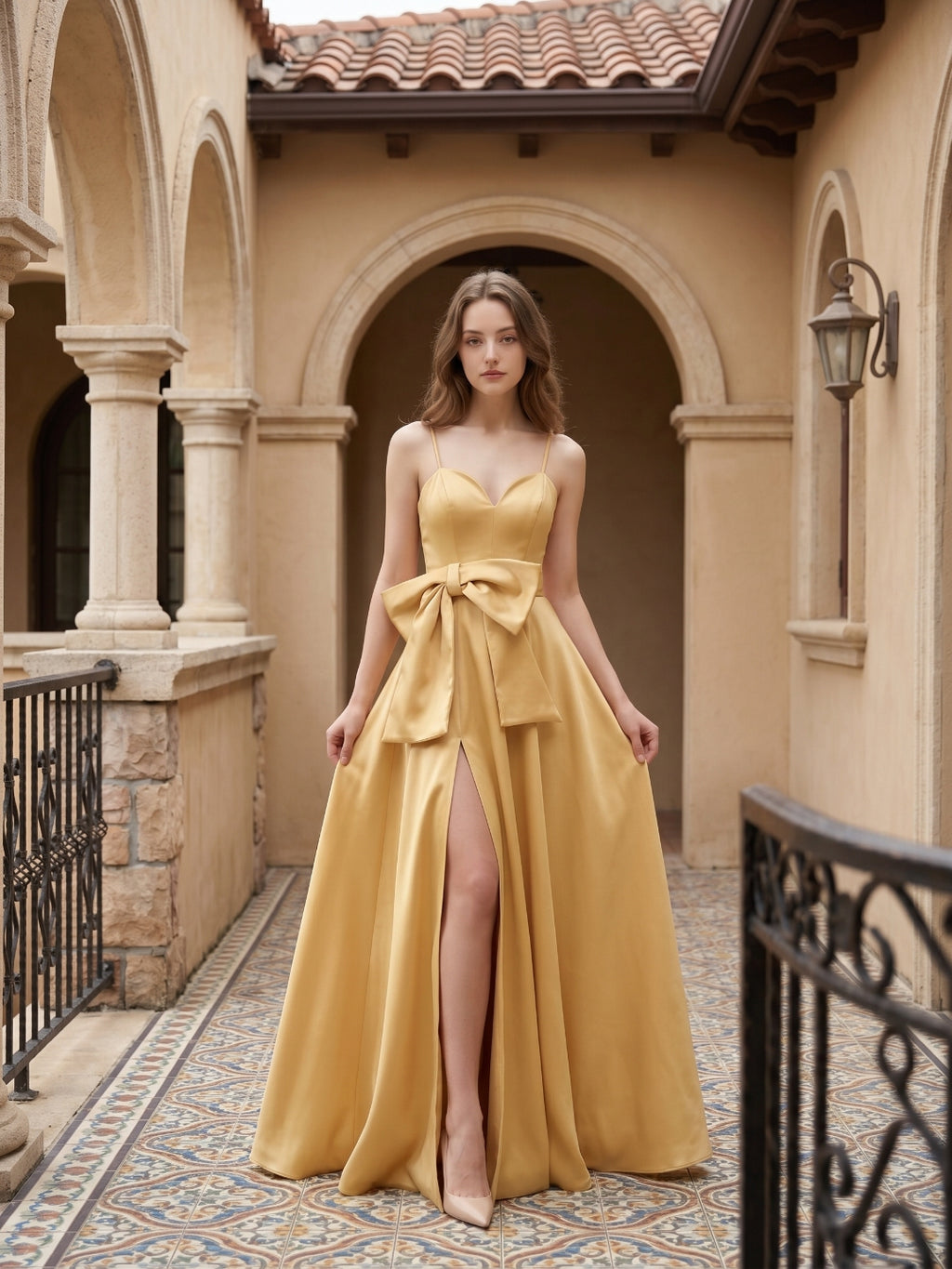 Gold Satin A-Line Square Neck Floor-Length Bridesmaid Dress with Bow