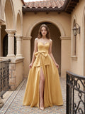 Gold Satin A-Line Square Neck Floor-Length Bridesmaid Dress with Bow