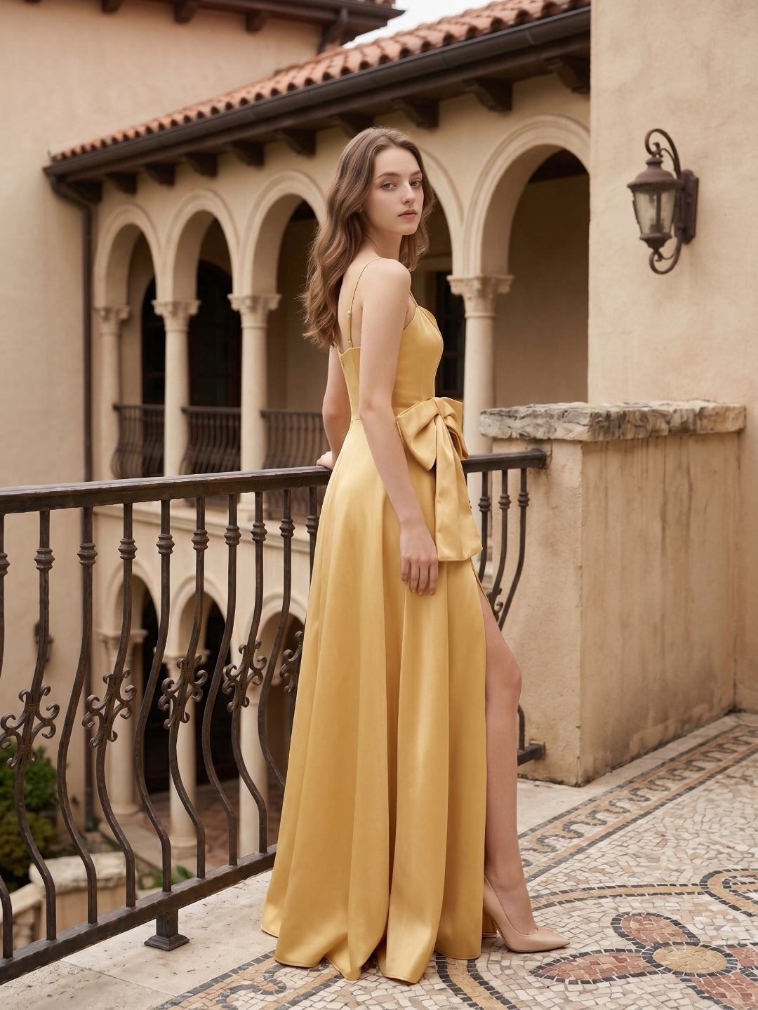 Gold Satin A-Line Square Neck Floor-Length Bridesmaid Dress with Bow