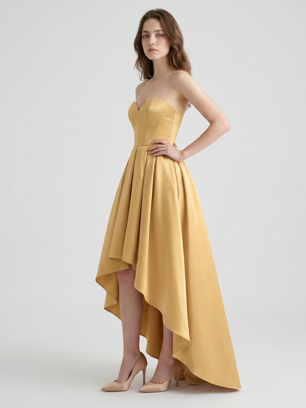 Gold Satin A-Line Sweetheart Back-Zip Asymmetrical Bridesmaid Dress