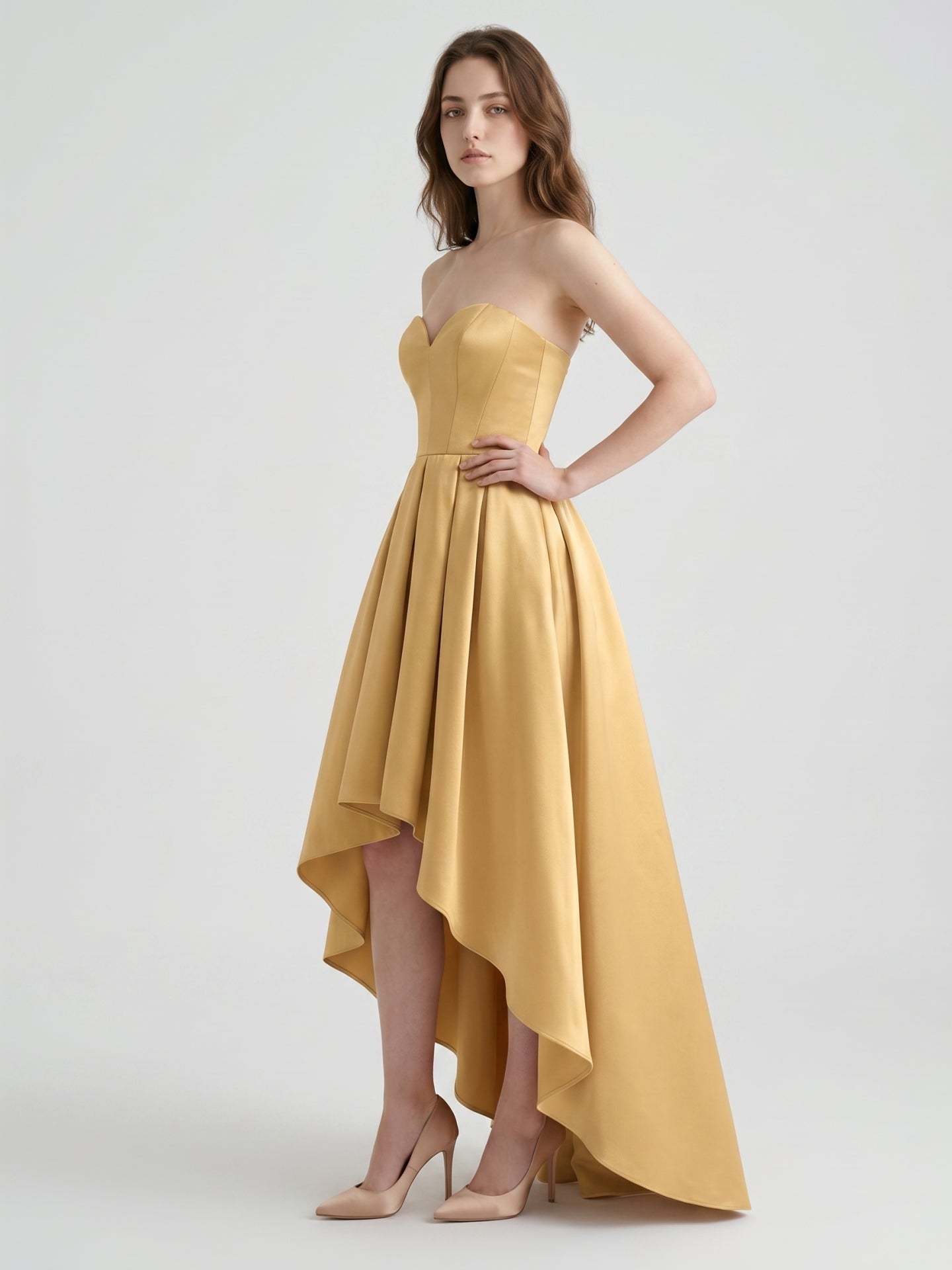 Gold Satin A-Line Sweetheart Back-Zip Asymmetrical Bridesmaid Dress