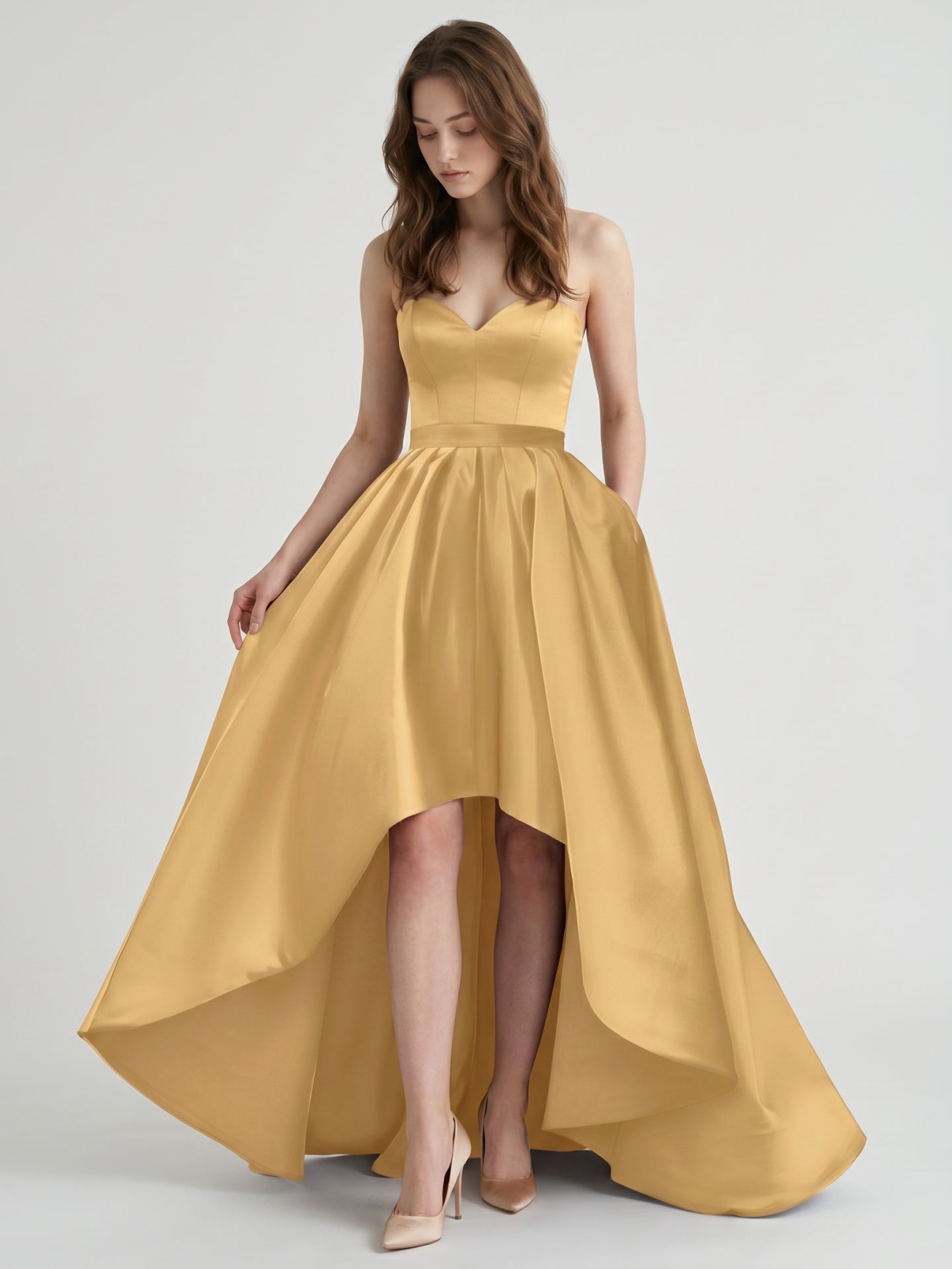 Gold Satin A-Line Sweetheart Back-Zip Asymmetrical Bridesmaid Dress