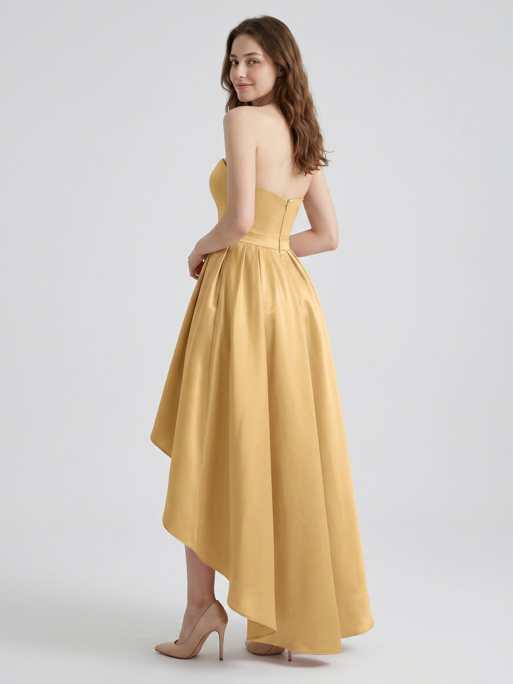 Gold Satin A-Line Sweetheart Back-Zip Asymmetrical Bridesmaid Dress