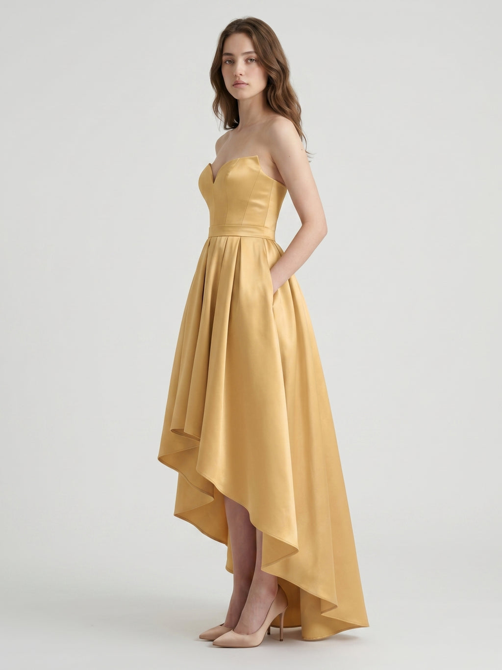 Gold Satin A-Line Sweetheart Back-Zip Asymmetrical Bridesmaid Dress