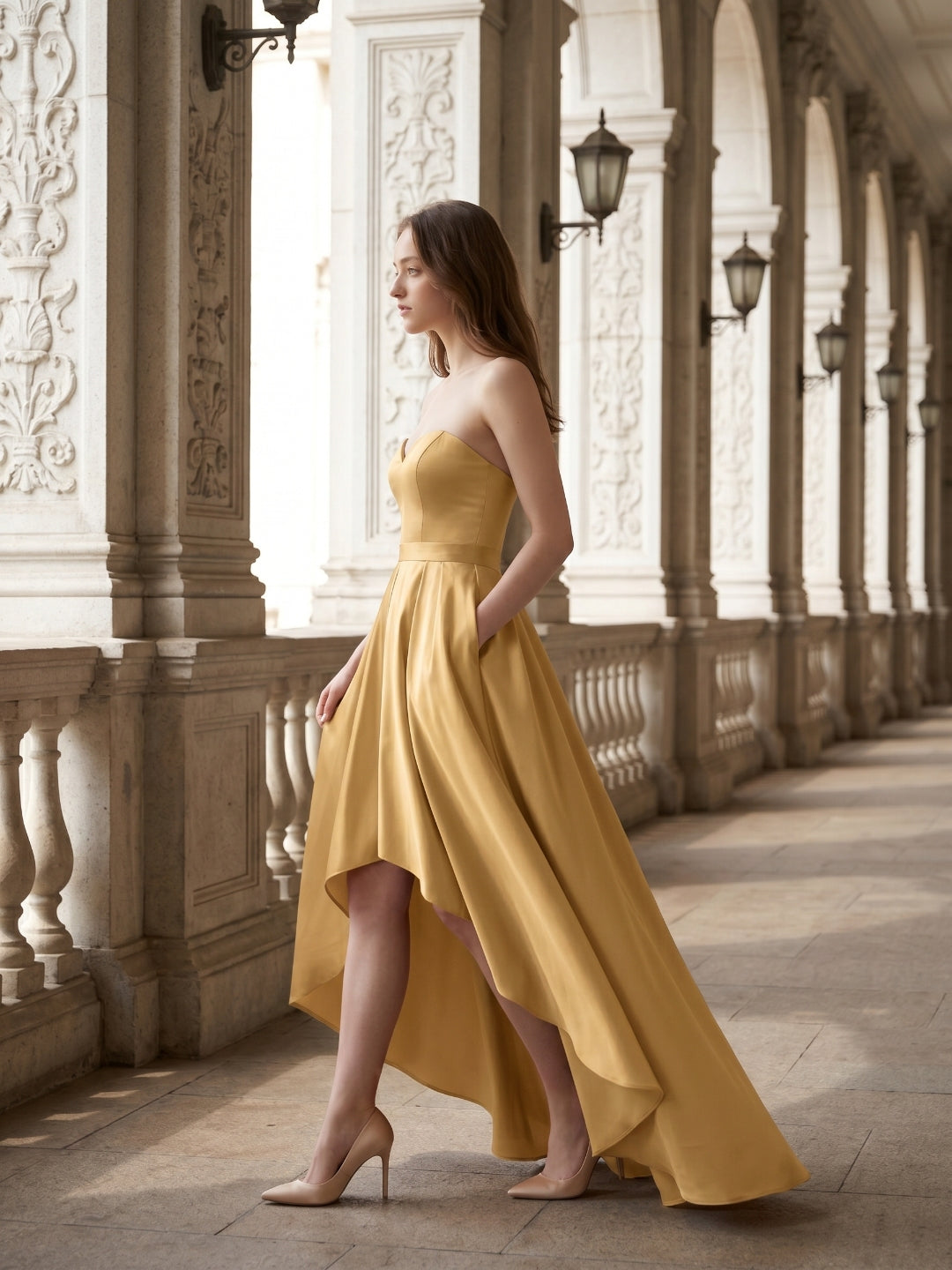 Gold Satin A-Line Sweetheart Back-Zip Asymmetrical Bridesmaid Dress