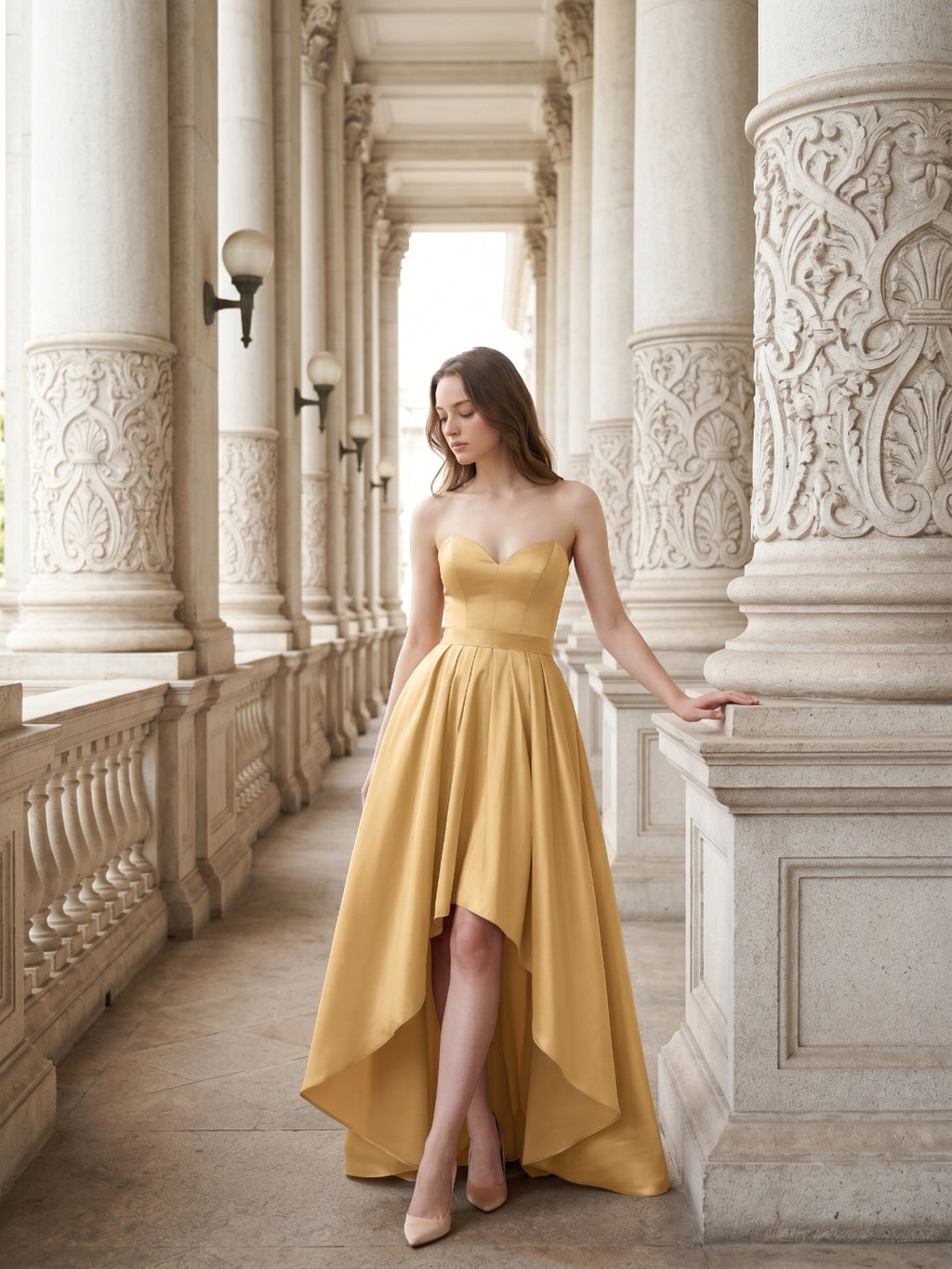 Gold Satin A-Line Sweetheart Back-Zip Asymmetrical Bridesmaid Dress
