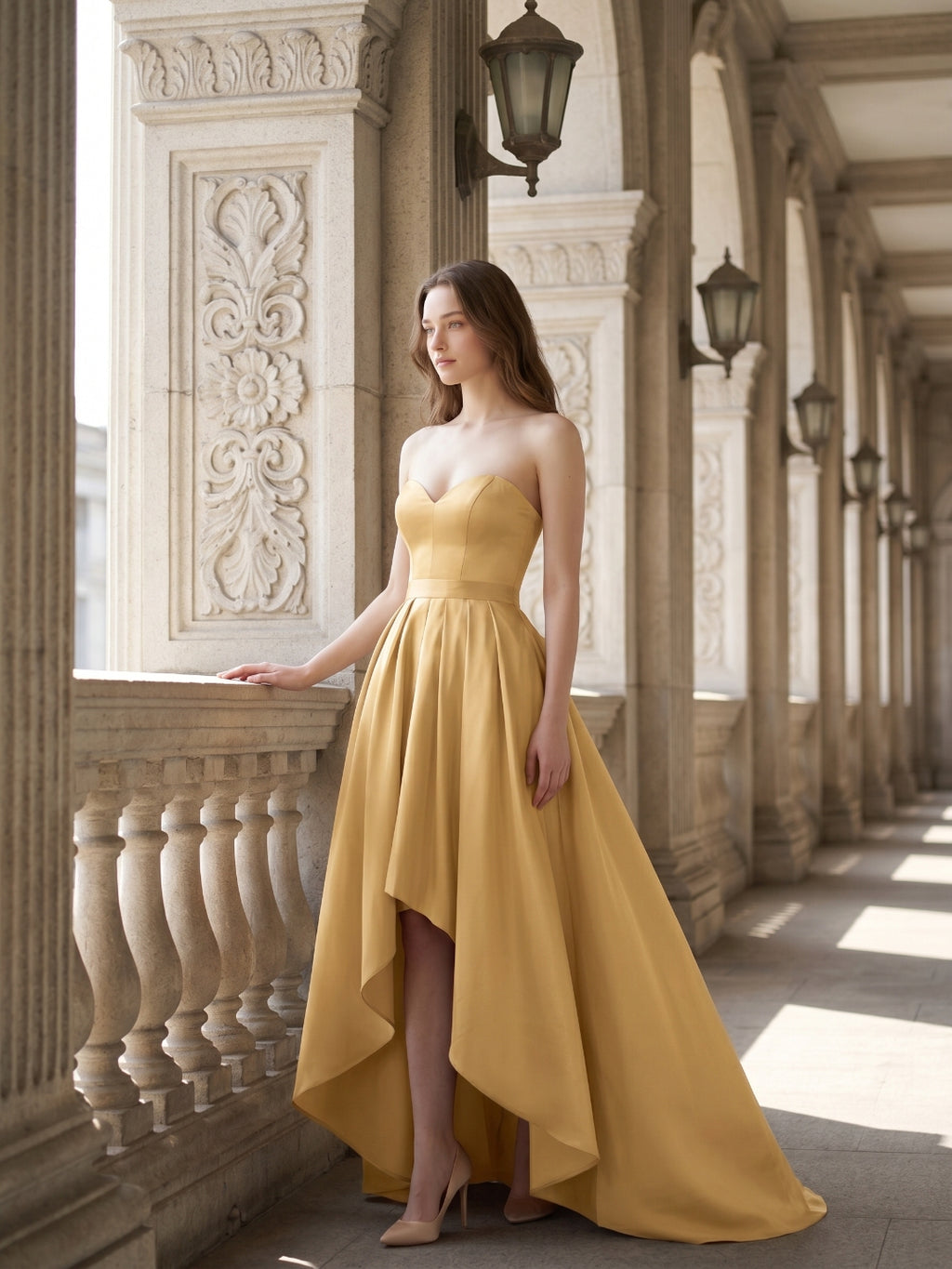 Gold Satin A-Line Sweetheart Back-Zip Asymmetrical Bridesmaid Dress