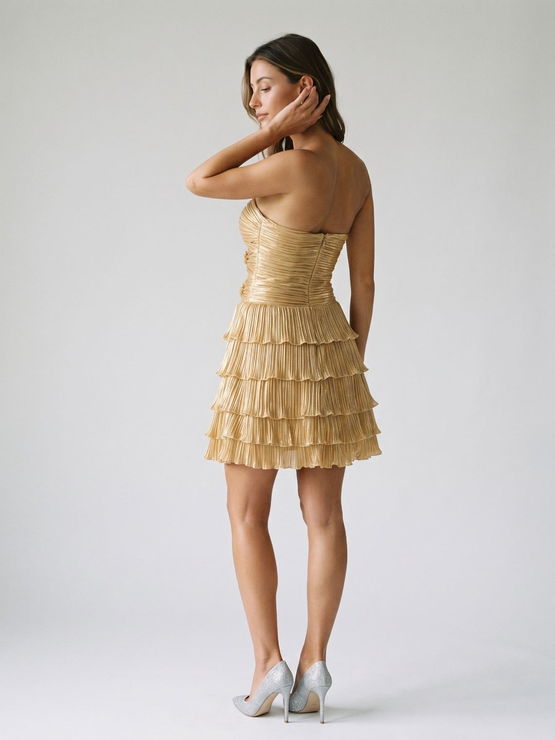 Gold Satin A-Line Sweetheart Back Zip Short Homecoming Dress with Cascading Ruffles