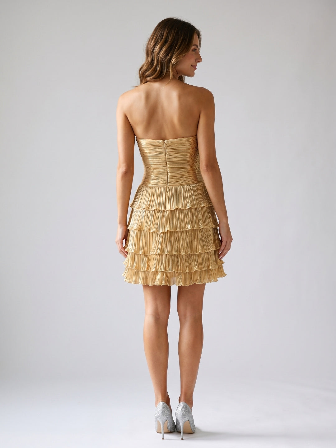 Gold Satin A-Line Sweetheart Back Zip Short Homecoming Dress with Cascading Ruffles