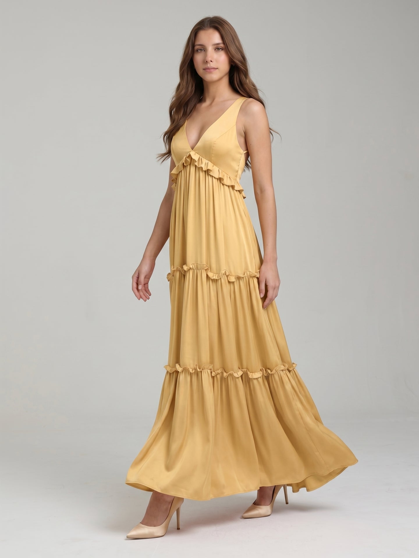 Gold Satin A-Line V-Neck Criss-Cross Straps Floor-Length Bridesmaid Dress with Ruffles
