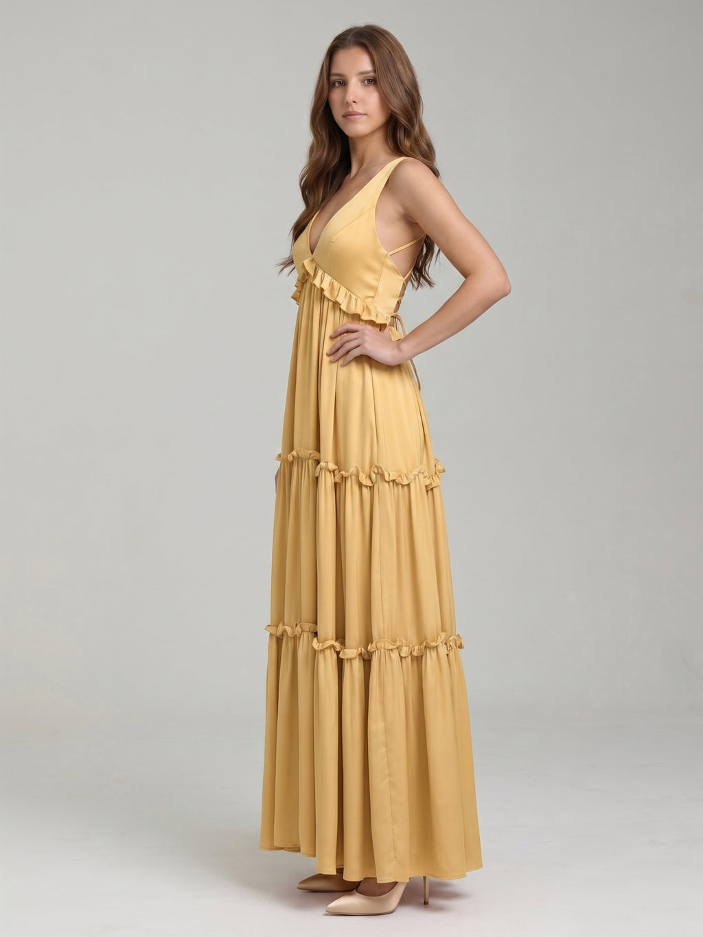 Gold Satin A-Line V-Neck Criss-Cross Straps Floor-Length Bridesmaid Dress with Ruffles