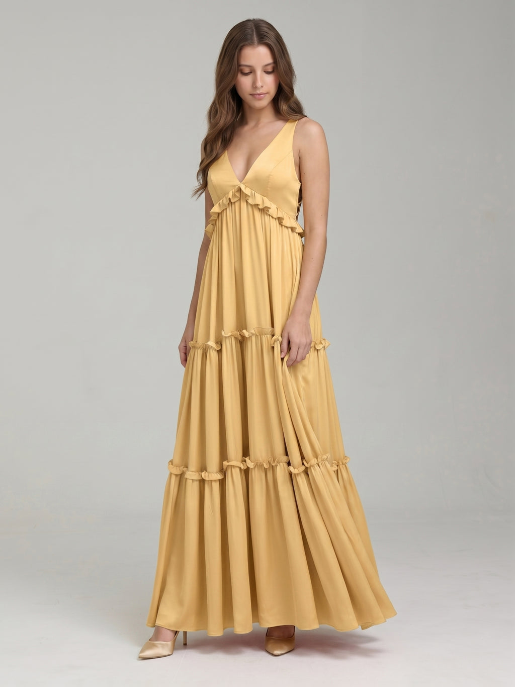 Gold Satin A-Line V-Neck Criss-Cross Straps Floor-Length Bridesmaid Dress with Ruffles