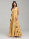 Gold Satin A-Line V-Neck Criss-Cross Straps Floor-Length Bridesmaid Dress with Ruffles
