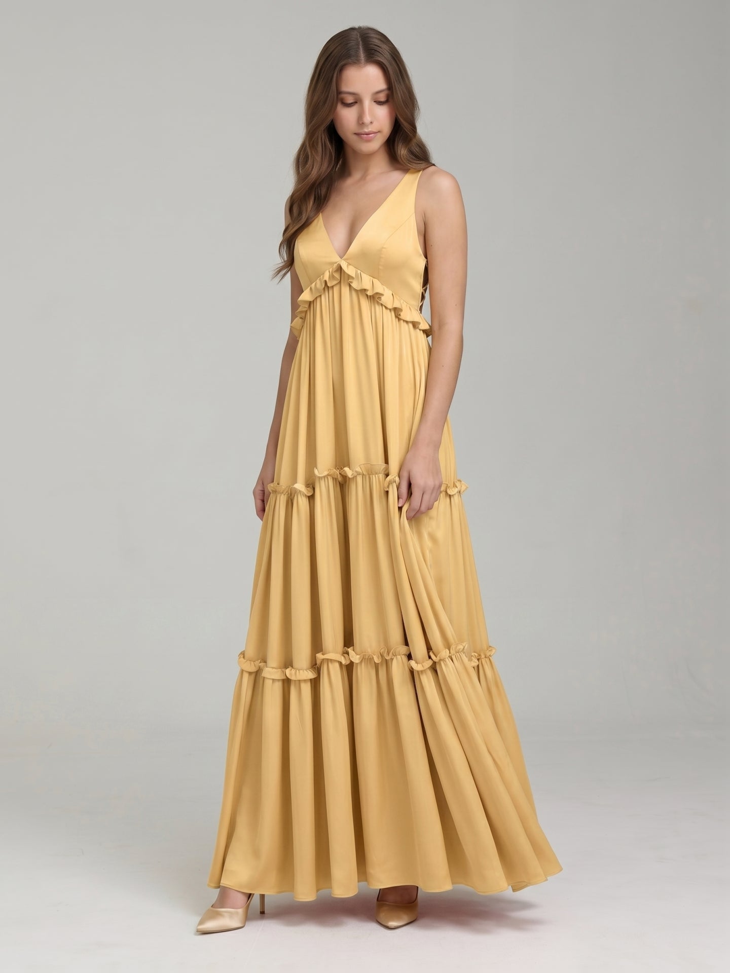 Gold Satin A-Line V-Neck Criss-Cross Straps Floor-Length Bridesmaid Dress with Ruffles