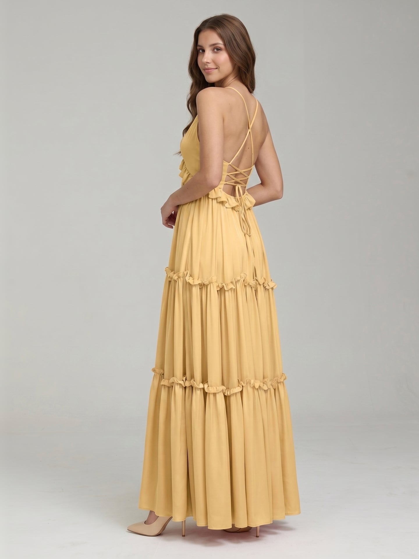 Gold Satin A-Line V-Neck Criss-Cross Straps Floor-Length Bridesmaid Dress with Ruffles