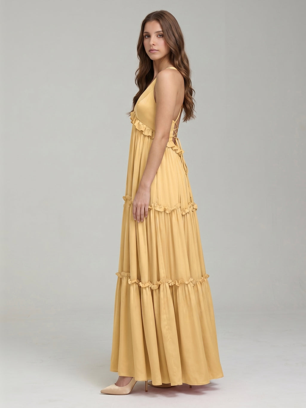 Gold Satin A-Line V-Neck Criss-Cross Straps Floor-Length Bridesmaid Dress with Ruffles