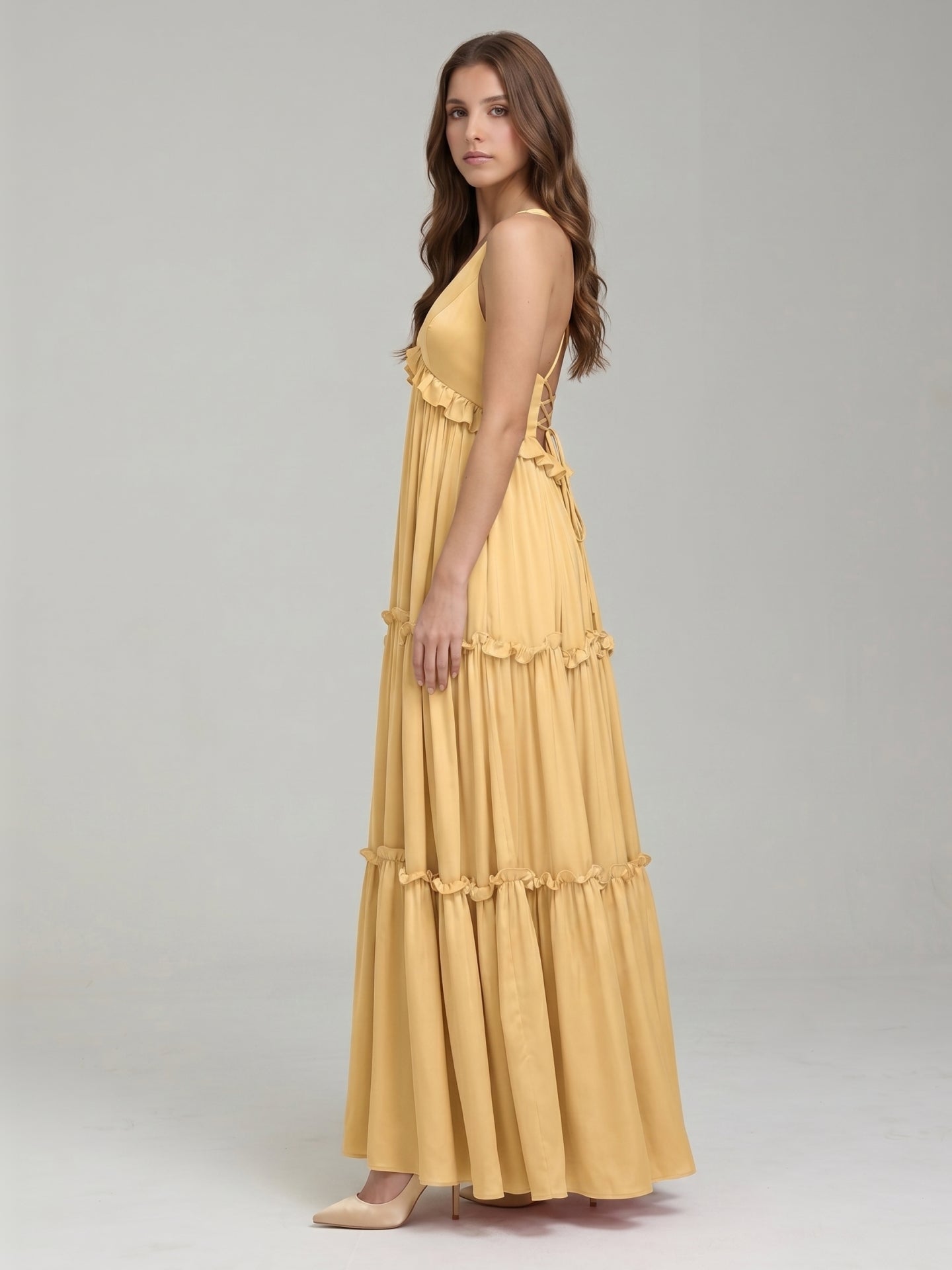 Gold Satin A-Line V-Neck Criss-Cross Straps Floor-Length Bridesmaid Dress with Ruffles