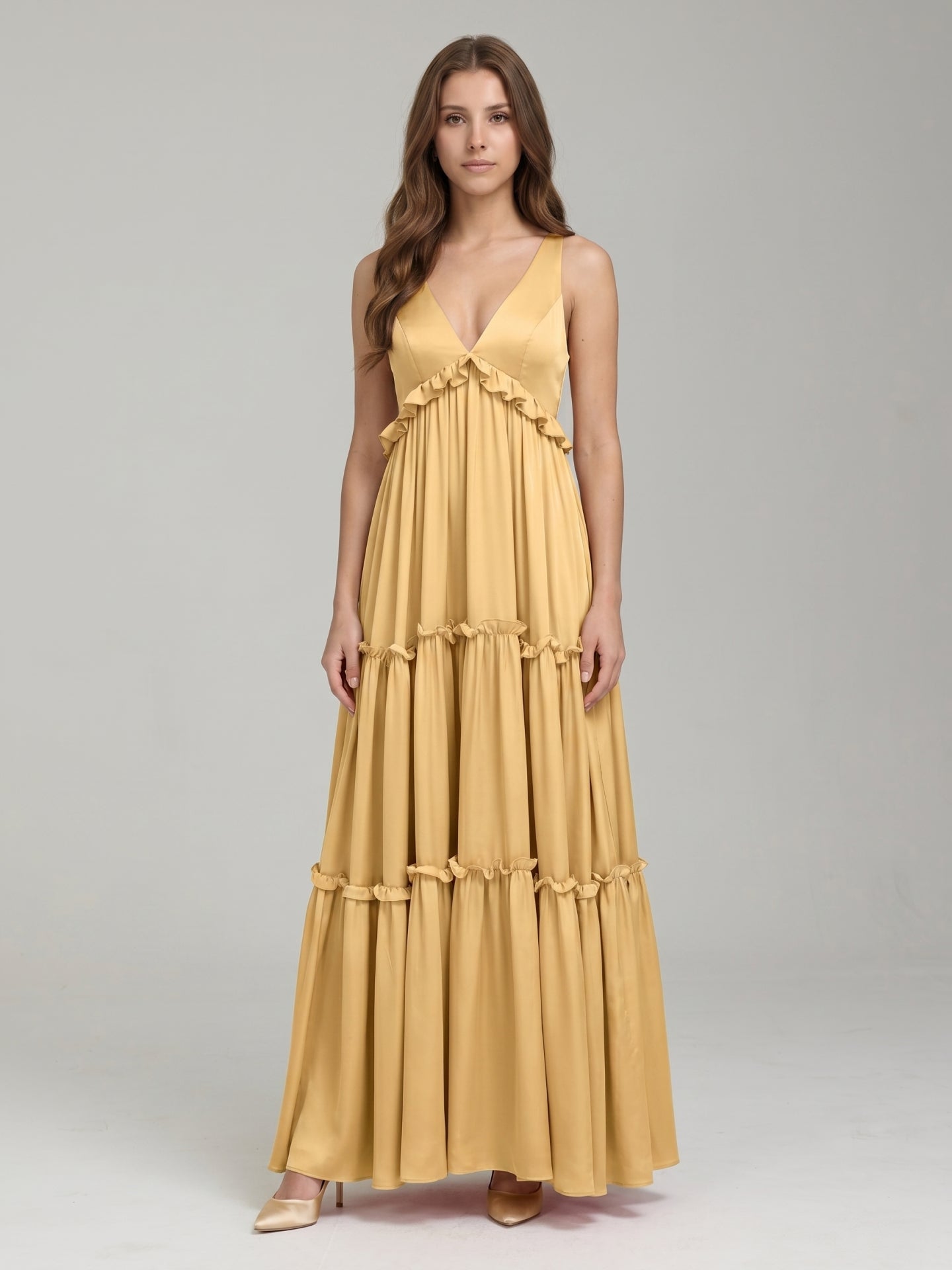 Gold Satin A-Line V-Neck Criss-Cross Straps Floor-Length Bridesmaid Dress with Ruffles
