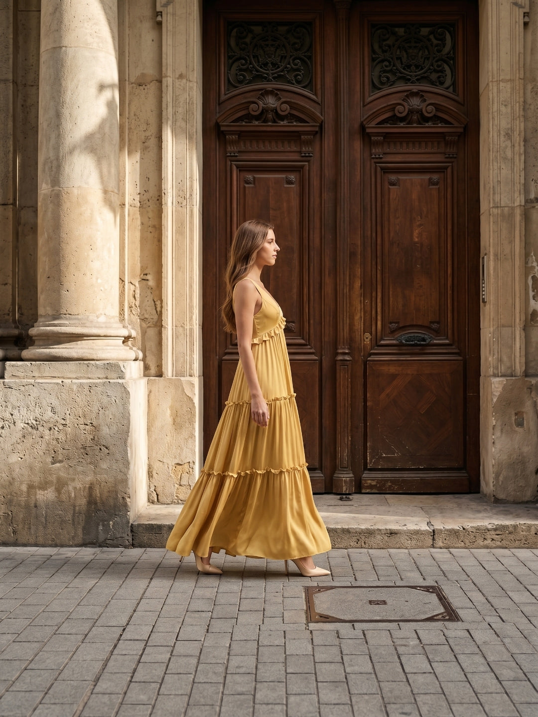 Gold Satin A-Line V-Neck Criss-Cross Straps Floor-Length Bridesmaid Dress with Ruffles
