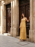 Gold Satin A-Line V-Neck Criss-Cross Straps Floor-Length Bridesmaid Dress with Ruffles