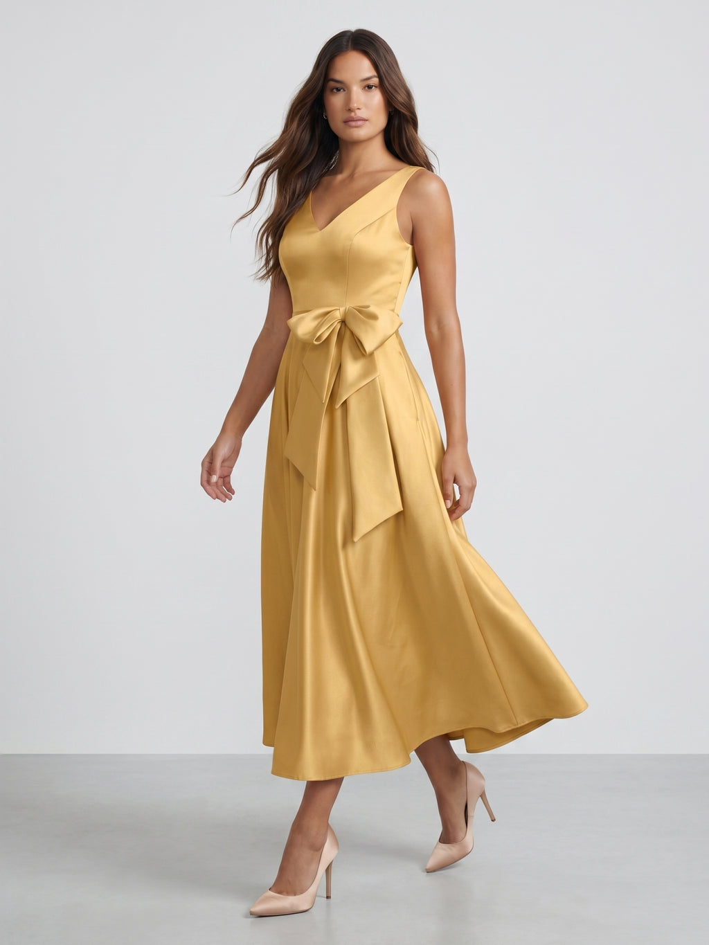 Gold Satin A-Line V-Neck Side-Zip Floor-Length Bridesmaid Dress with Pleats