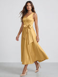 Gold Satin A-Line V-Neck Side-Zip Floor-Length Bridesmaid Dress with Pleats