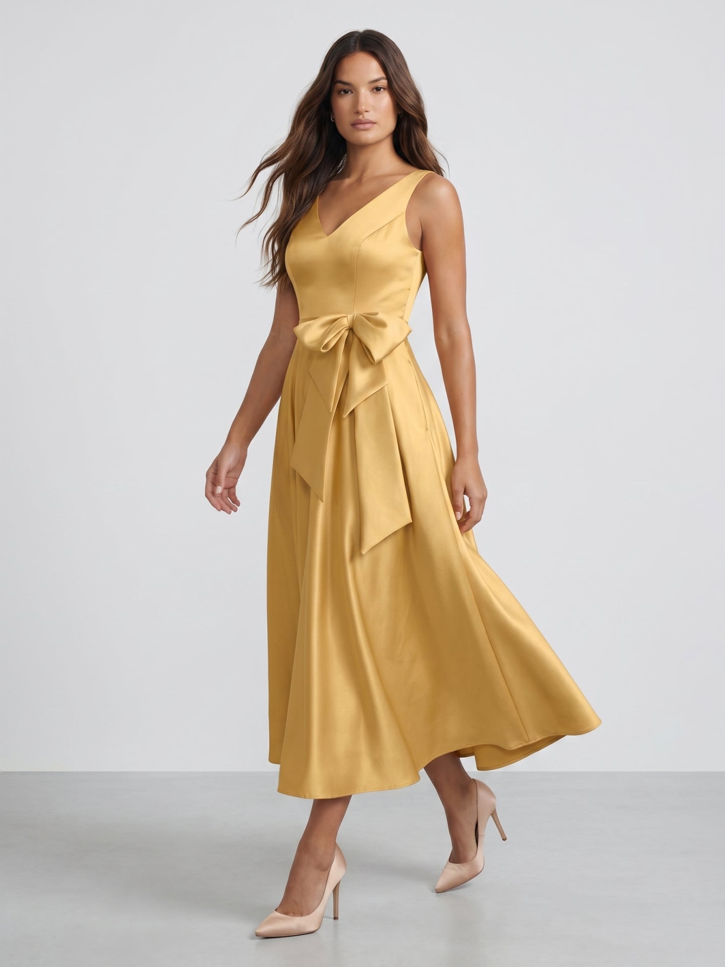 Gold Satin A-Line V-Neck Side-Zip Floor-Length Bridesmaid Dress with Pleats