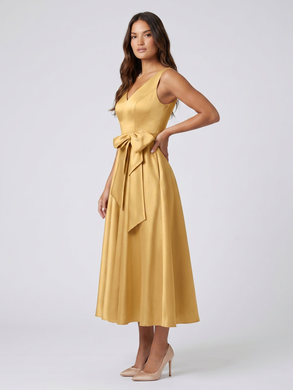 Gold Satin A-Line V-Neck Side-Zip Floor-Length Bridesmaid Dress with Pleats