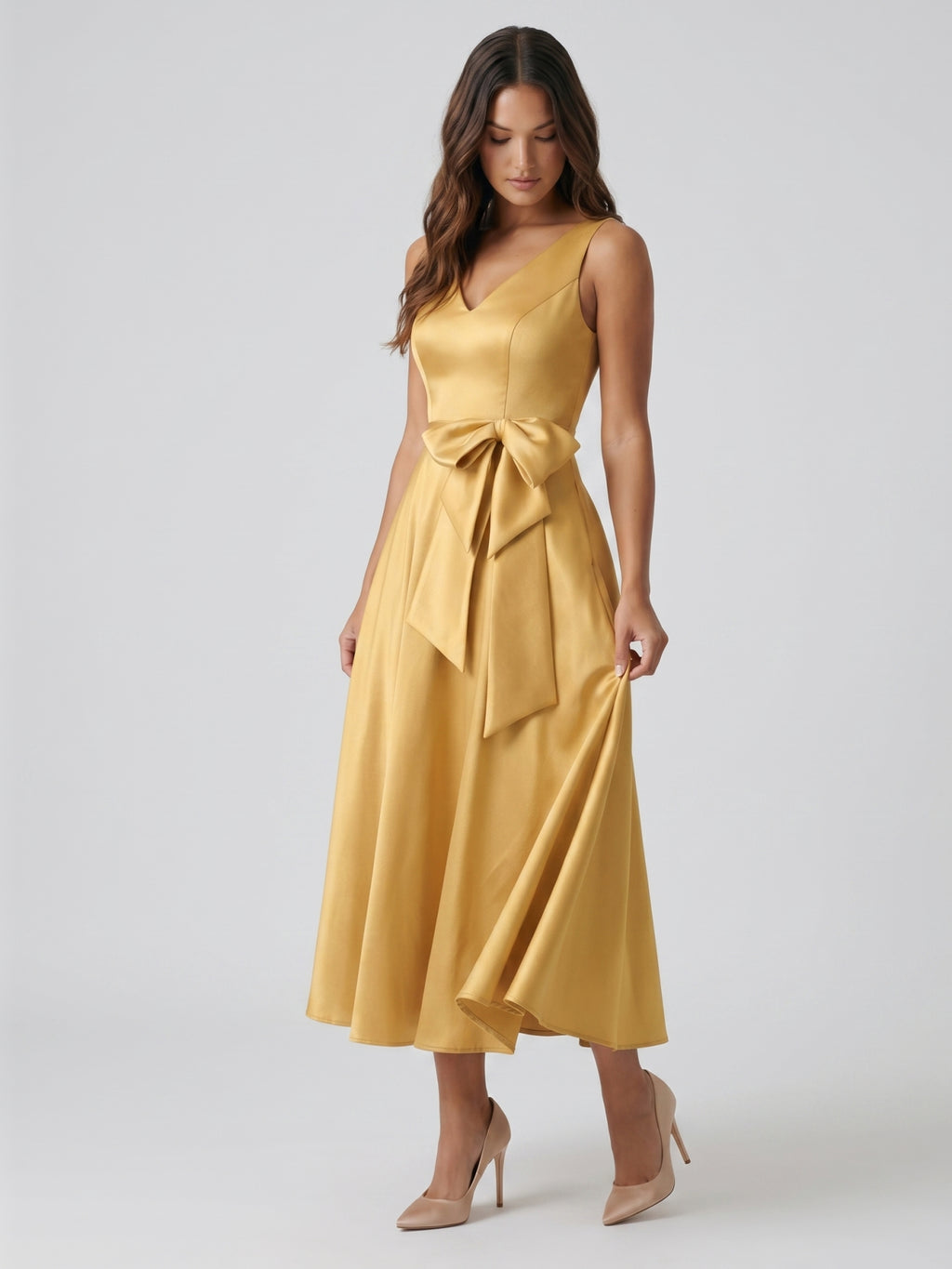 Gold Satin A-Line V-Neck Side-Zip Floor-Length Bridesmaid Dress with Pleats