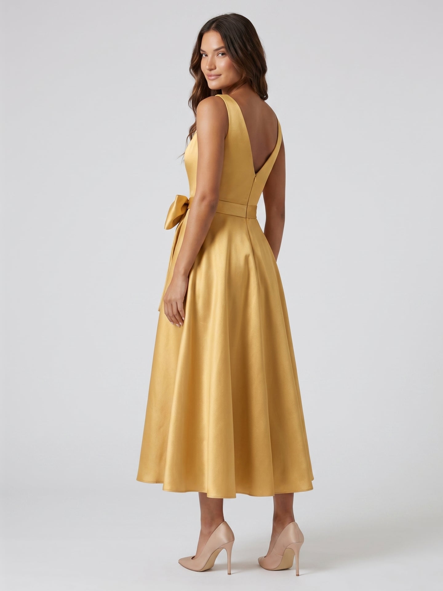 Gold Satin A-Line V-Neck Side-Zip Floor-Length Bridesmaid Dress with Pleats