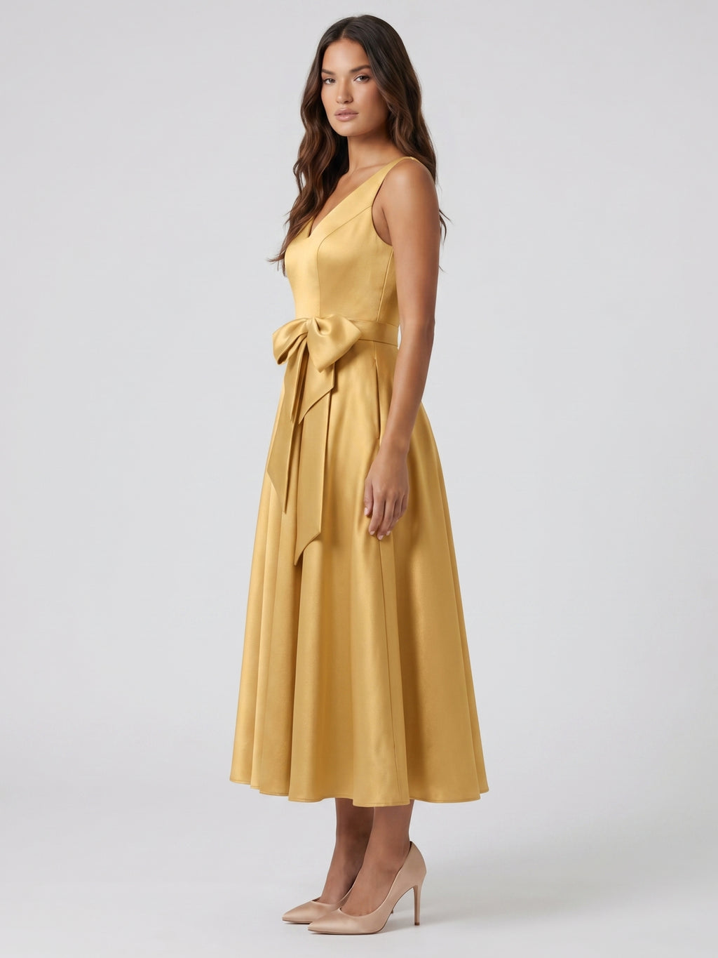 Gold Satin A-Line V-Neck Side-Zip Floor-Length Bridesmaid Dress with Pleats