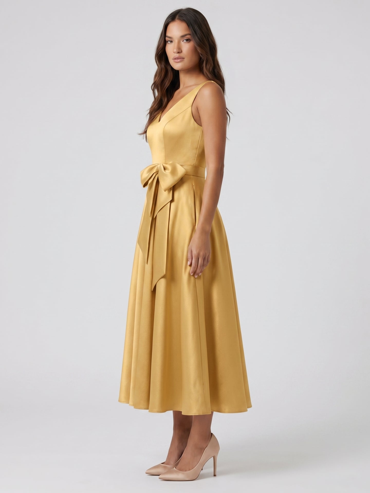 Gold Satin A-Line V-Neck Side-Zip Floor-Length Bridesmaid Dress with Pleats