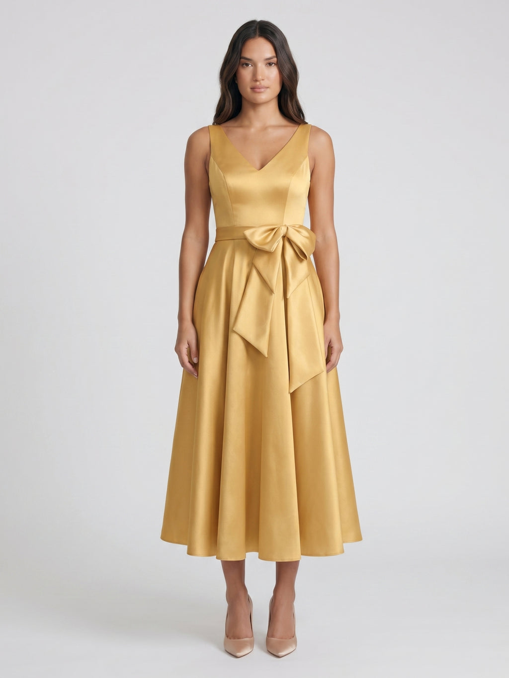 Gold Satin A-Line V-Neck Side-Zip Floor-Length Bridesmaid Dress with Pleats
