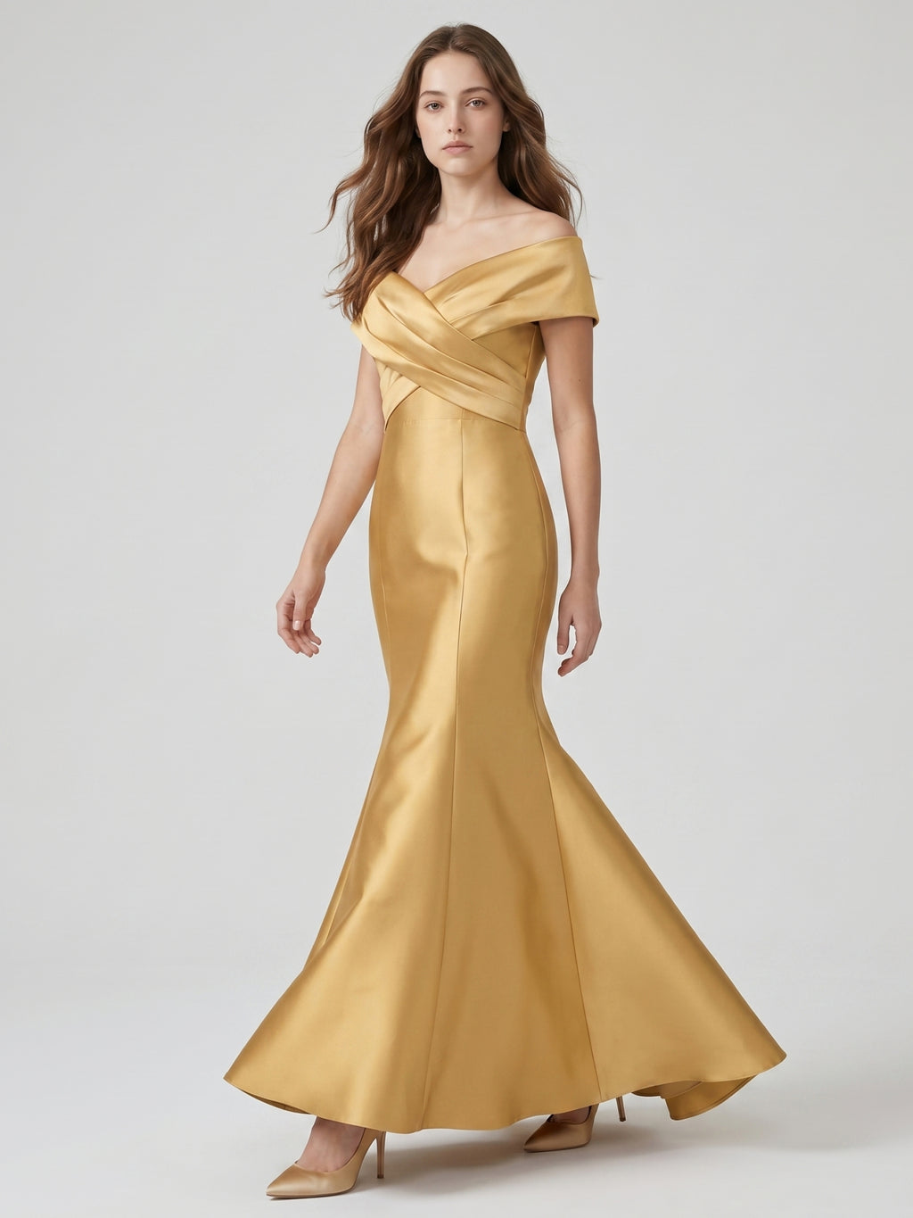 Gold Satin Mermaid Off-the-Shoulder Floor-Length Bridesmaid Dress