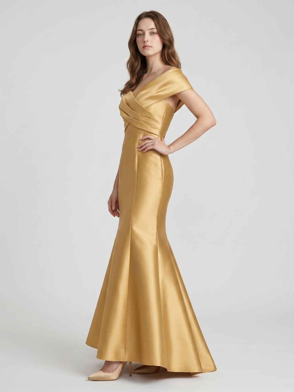 Gold Satin Mermaid Off-the-Shoulder Floor-Length Bridesmaid Dress