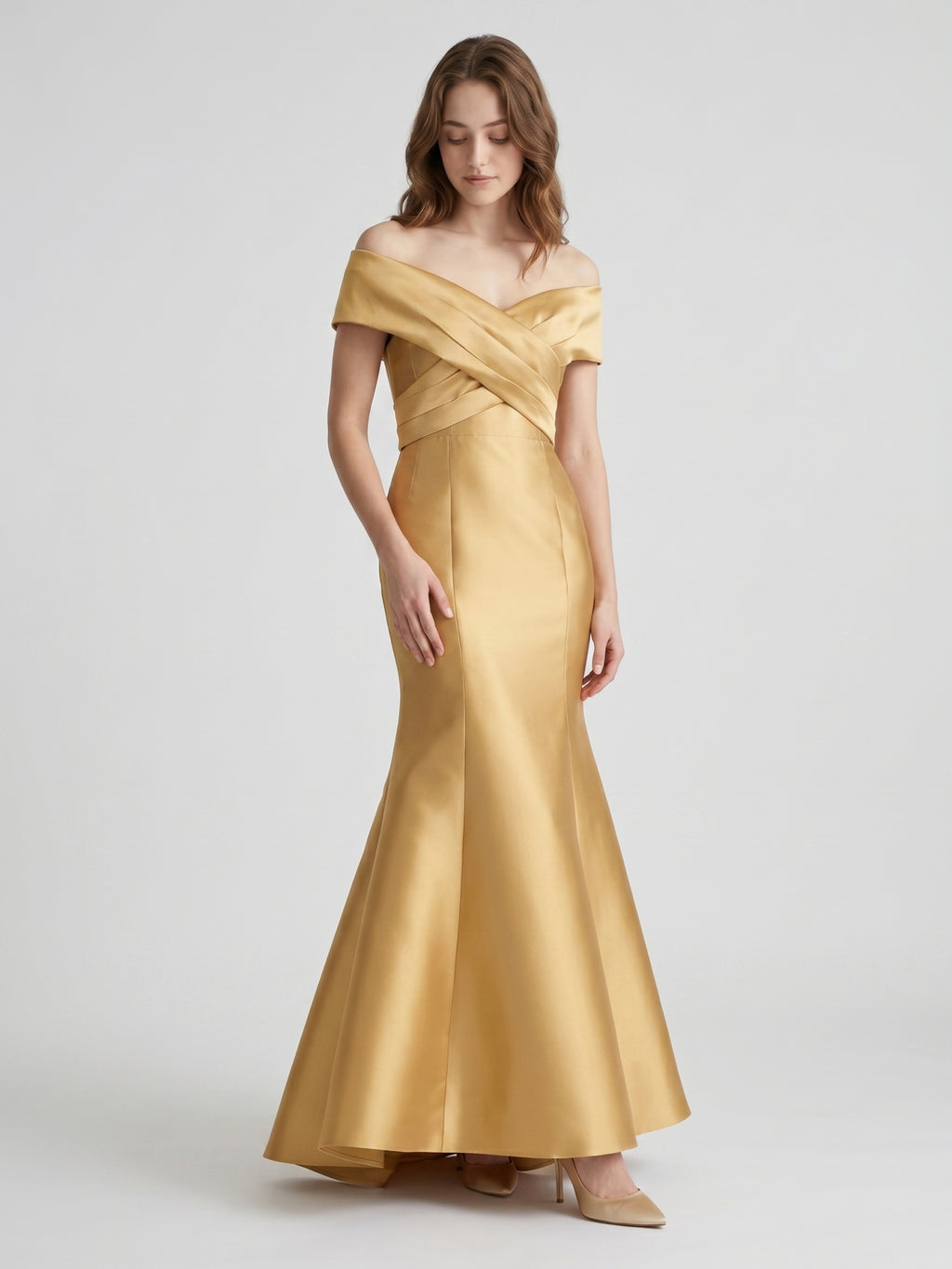 Gold Satin Mermaid Off-the-Shoulder Floor-Length Bridesmaid Dress