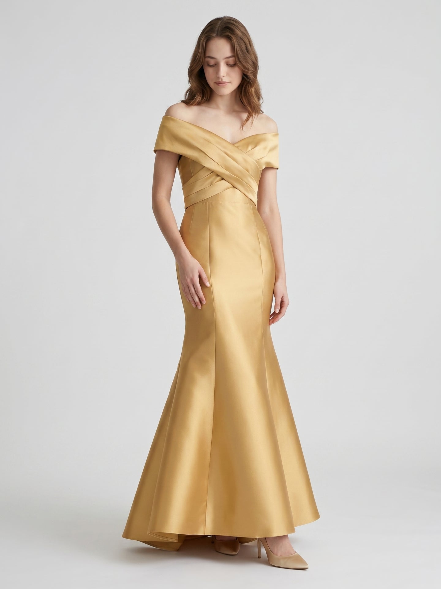 Gold Satin Mermaid Off-the-Shoulder Floor-Length Bridesmaid Dress