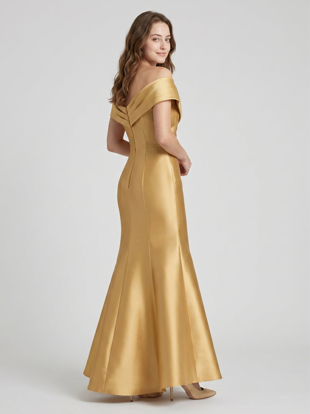 Gold Satin Mermaid Off-the-Shoulder Floor-Length Bridesmaid Dress