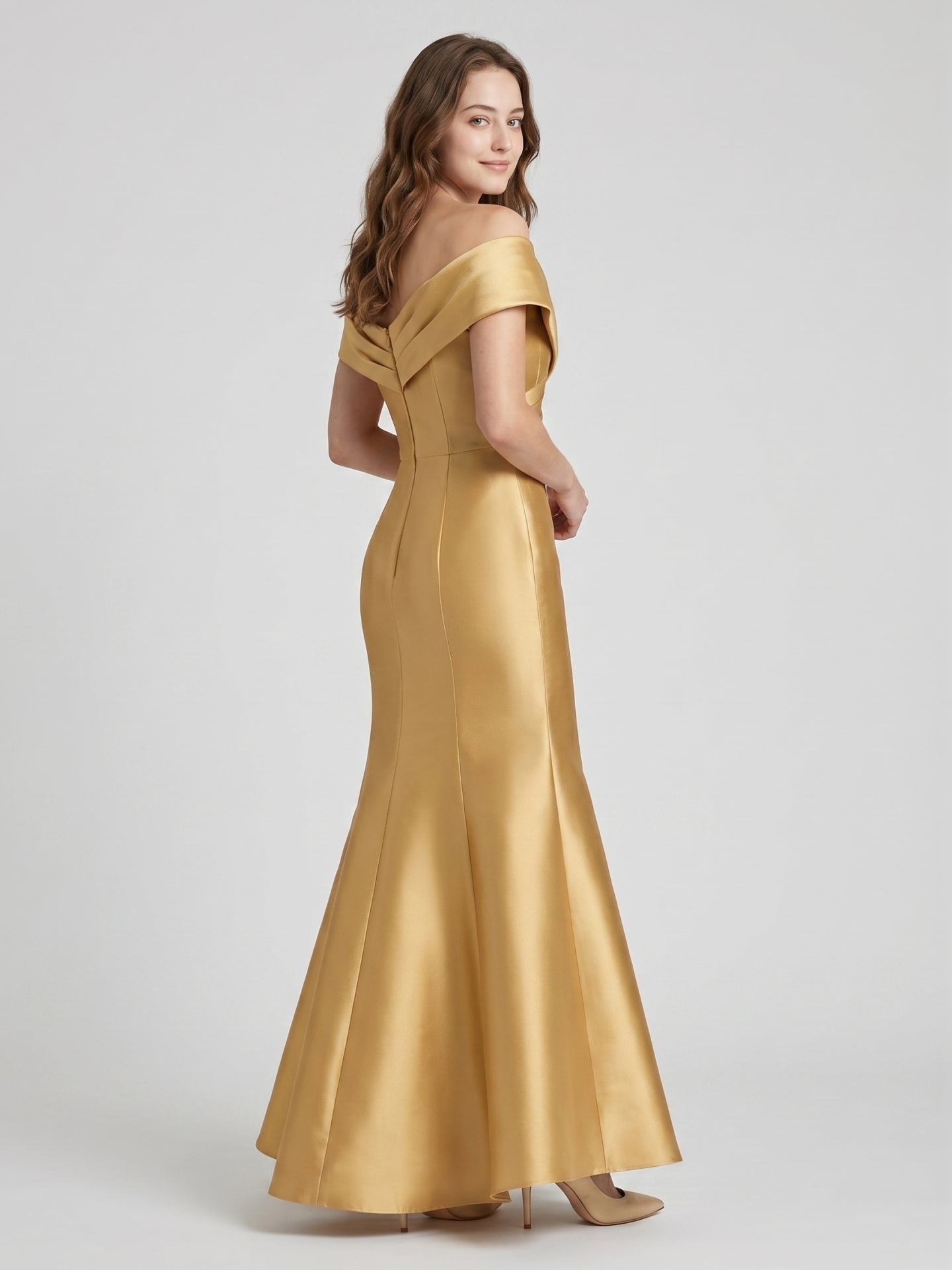Gold Satin Mermaid Off-the-Shoulder Floor-Length Bridesmaid Dress