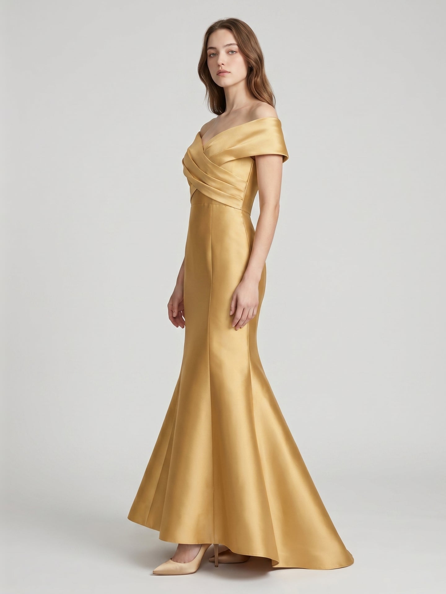 Gold Satin Mermaid Off-the-Shoulder Floor-Length Bridesmaid Dress