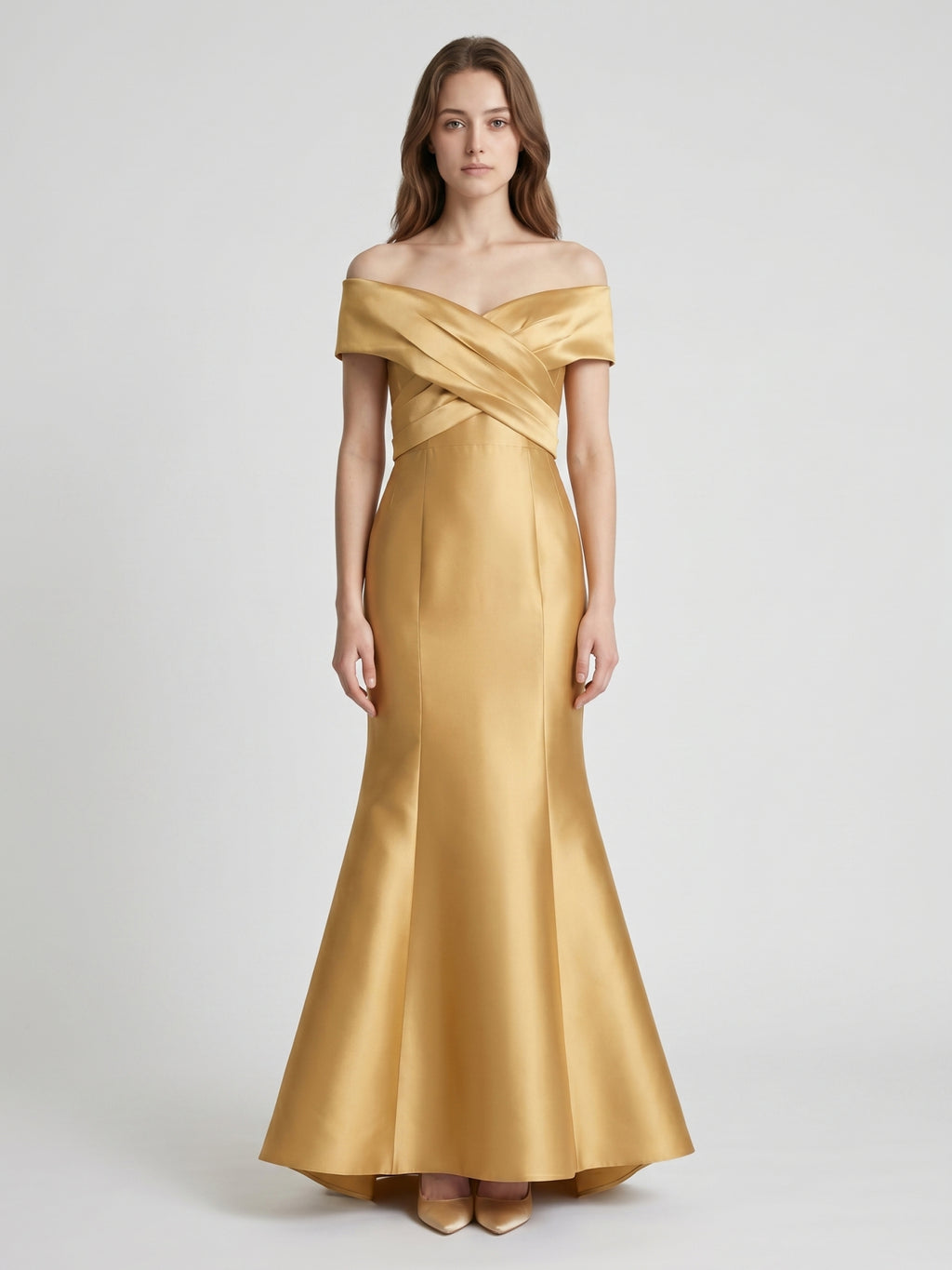 Gold Satin Mermaid Off-the-Shoulder Floor-Length Bridesmaid Dress