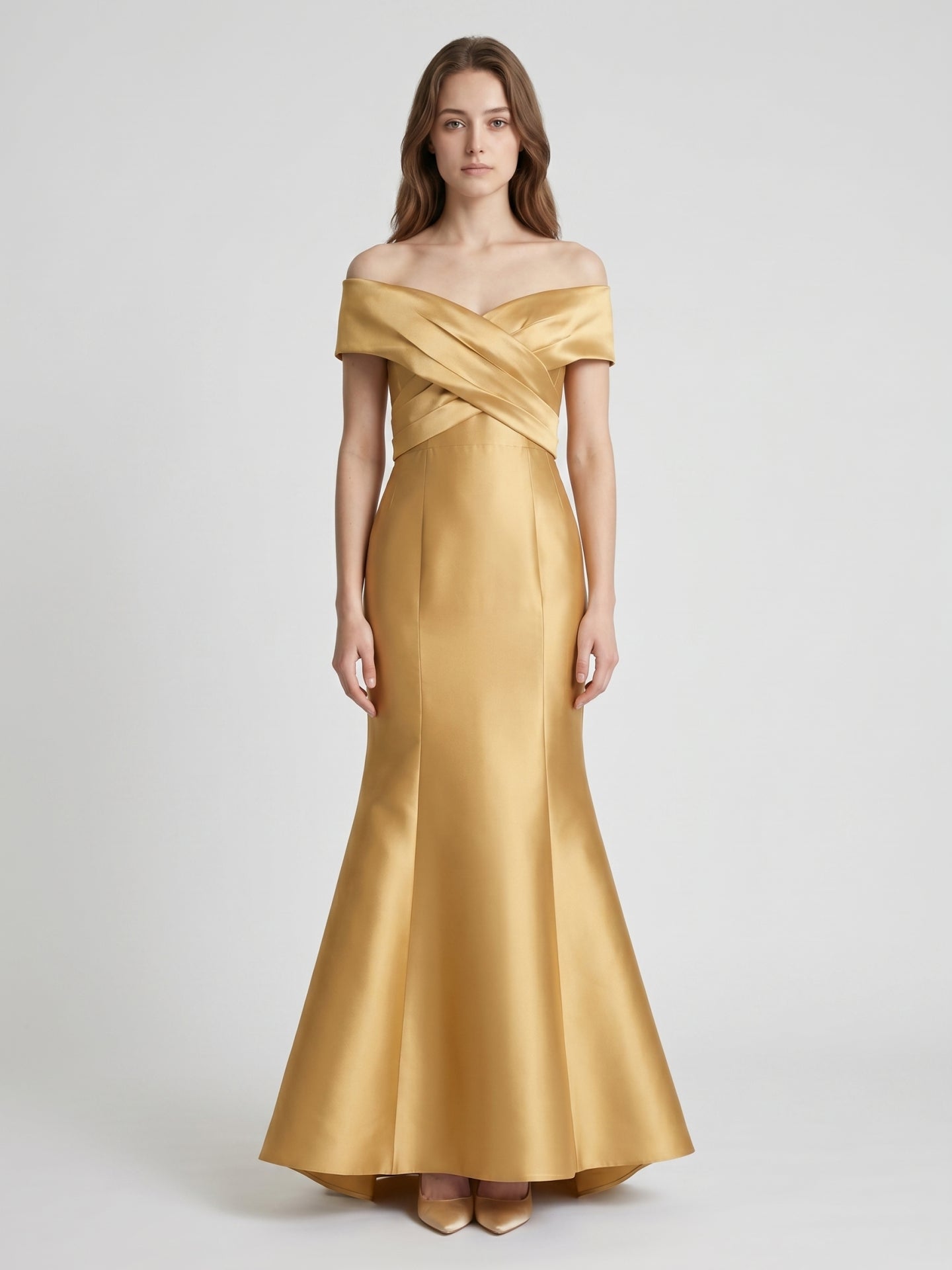 Gold Satin Mermaid Off-the-Shoulder Floor-Length Bridesmaid Dress
