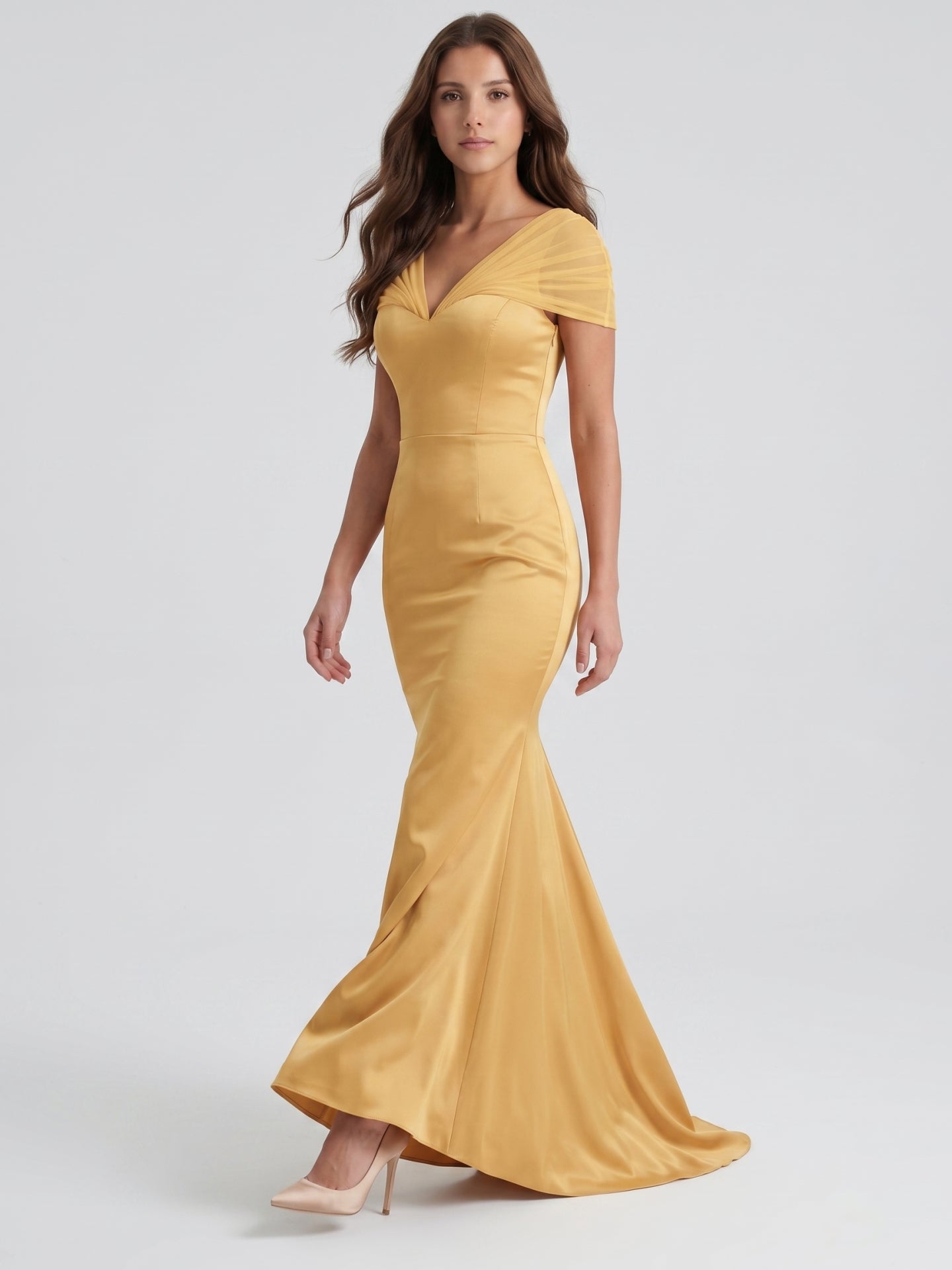 Gold Satin Mermaid V-Neck Back-Zip Floor-Length Bridesmaid Dress