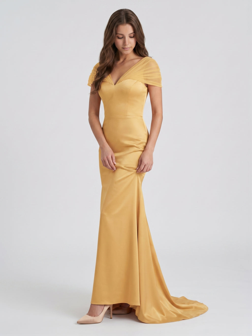 Gold Satin Mermaid V-Neck Back-Zip Floor-Length Bridesmaid Dress