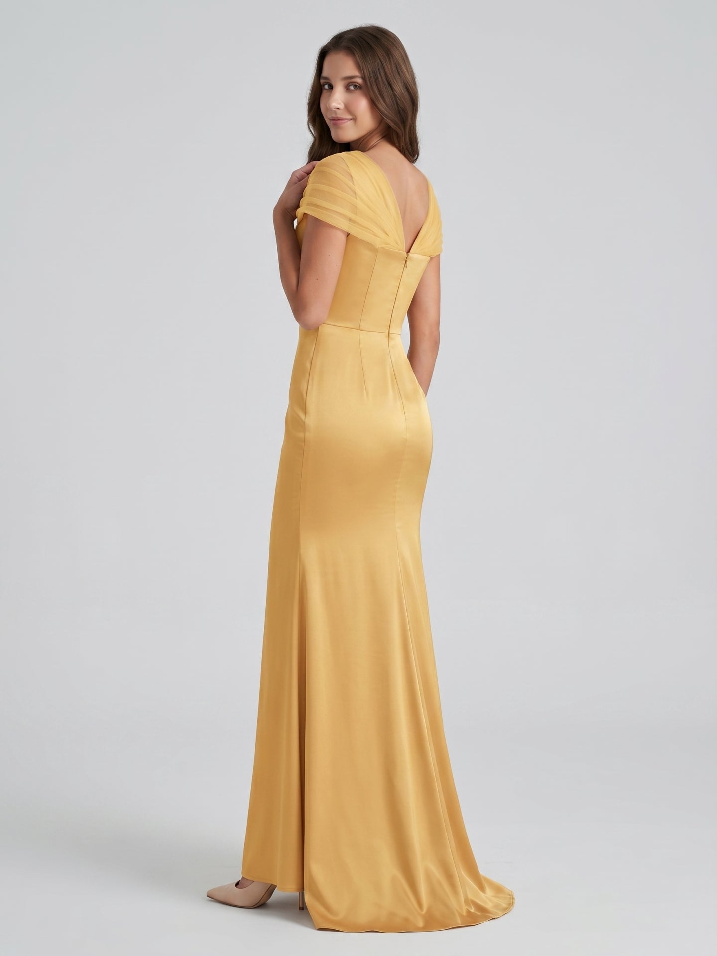 Gold Satin Mermaid V-Neck Back-Zip Floor-Length Bridesmaid Dress