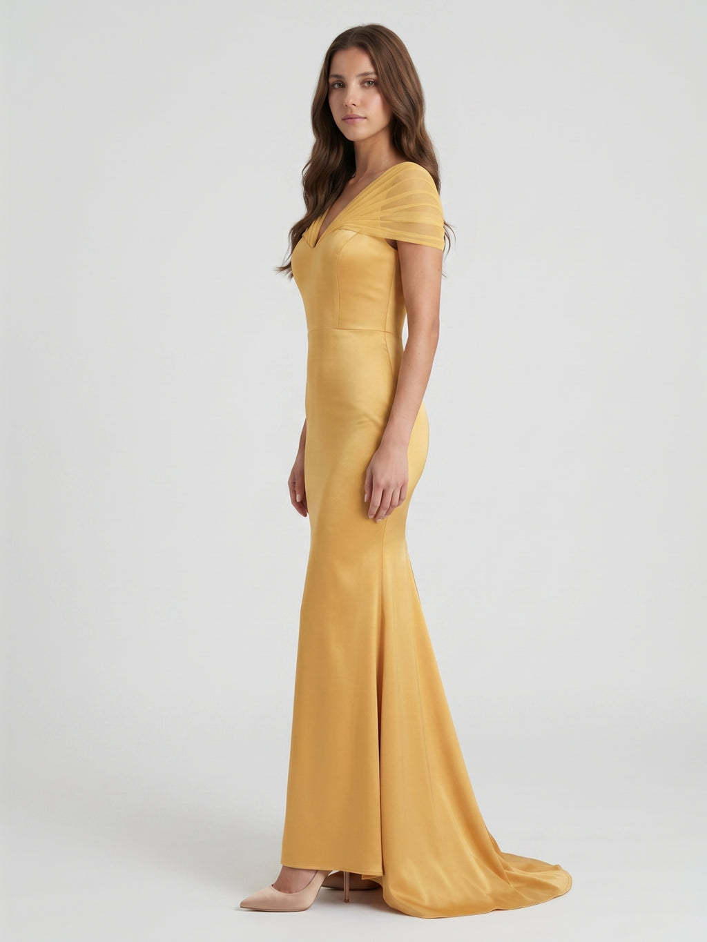 Gold Satin Mermaid V-Neck Back-Zip Floor-Length Bridesmaid Dress