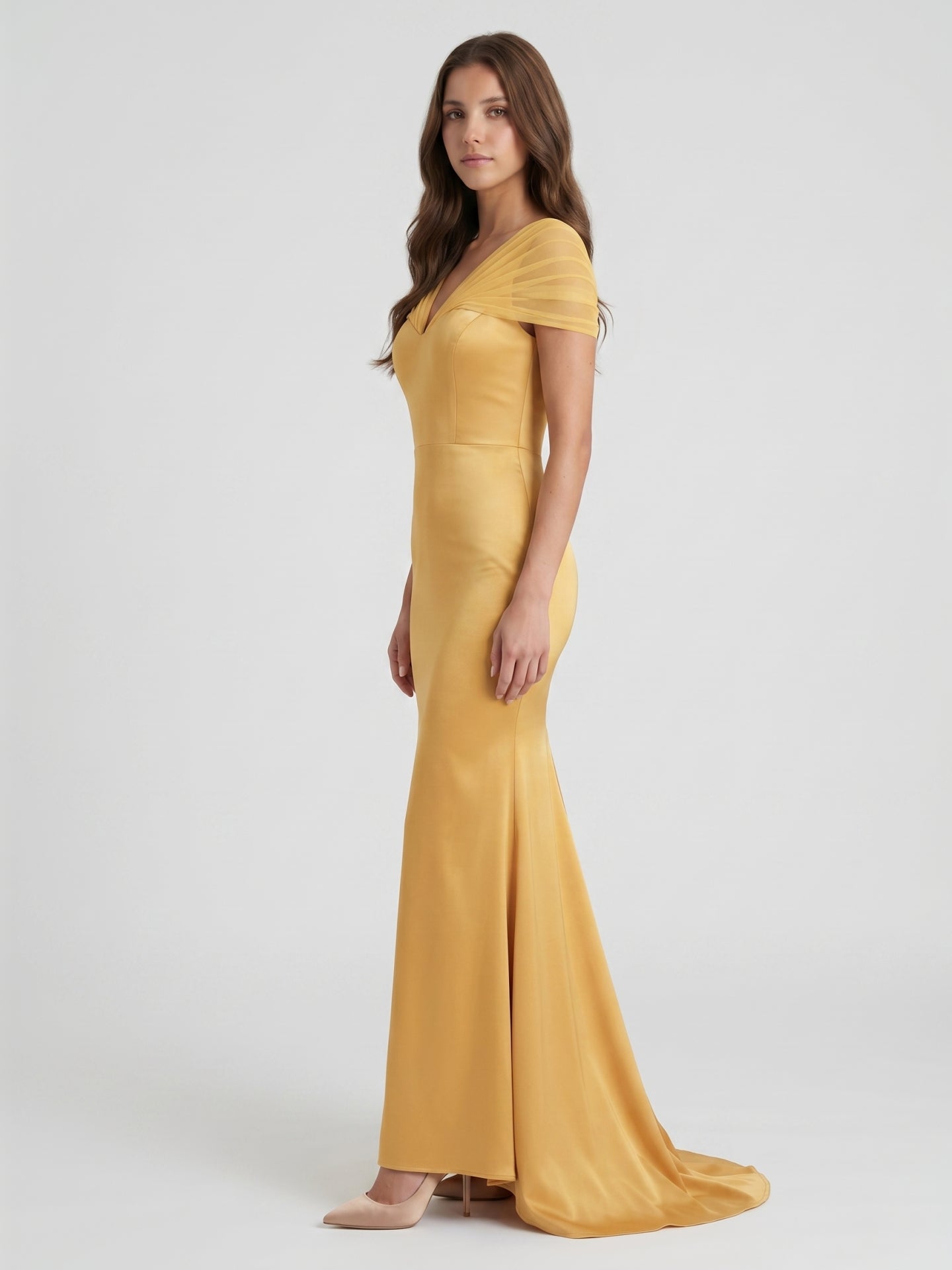 Gold Satin Mermaid V-Neck Back-Zip Floor-Length Bridesmaid Dress
